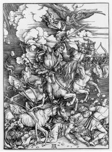 Dürer's famous <i>The Four Horseman</i> (1498) is the third woodcut of his illustrations for <i>The Apocalypse</i> and was reproduced later in Martin Luther's German translation of the New Testament (1522)