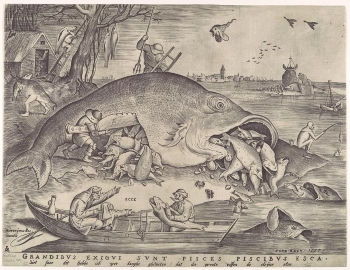 Bruegel the Elder's <i>Big Fish Eat Little Fish</i> (1557) is a haunting image depicting the Latin proverb, juxtaposing scenes from ordinary life, like the two fishermen in the boat, with the fanciful.