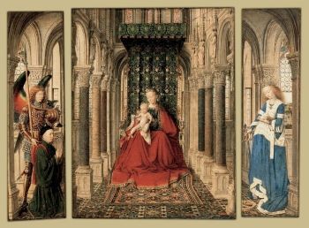 Jan van Eyck's <i>Dresden Triptych</i> (1437) includes a scene of the Annunciation done in grisaille on the outer side of the winged panels.