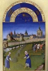 The Limbourg brothers' <i>June</i> in the <i>Très riches heures du Duc de Berry</i> (c. 1412-1416) exemplifies the strong sense of spatial composition, brilliant color, and observation of ordinary life.