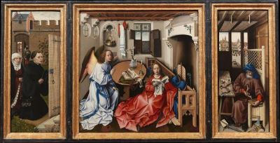 <i>The Mérode Altarpiece</i>, (c. 1425-1428) first attributed to the Master of Flémalle, is now credited to Robert Campin and his workshop. The center panel depicts the Annunciation, Joseph engaged in carpentry on the right, and two patrons kneeling in the left panel.