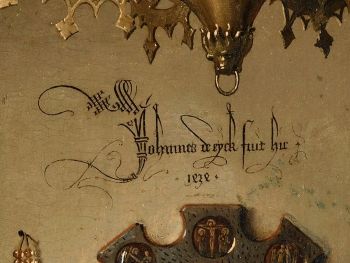 Jan van Eyck's signature in <i>The Arnolfini Portrait</i> (1434) is inscribed on the wall above the date and the convex mirror.