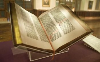 A photograph of the <i>Gutenberg Bible</i> (1455) at the New York Public Library