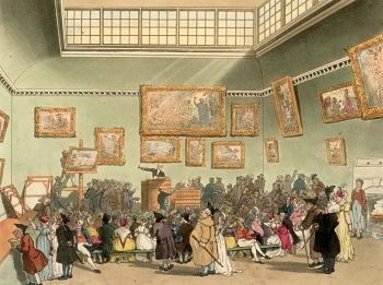 Thomas Rowlandson and Augustus Charles Pugin's engraving in Microcosm of London (1808) depicts an auction of Old Masters at Christie's.