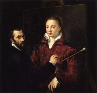 Sofonisba Anguissola's Self-portrait with Bernardino Campi (1559), portraying her teacher painting a portrait of her and challenging gender norms, pioneered the double portrait.