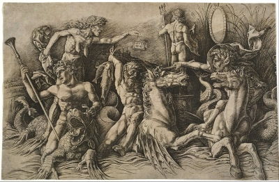 Andrea Mantegna's The Battle of the Sea Gods (c. 1475), an engraving and dry point print, influenced Dürer's equally renowned print, Sea Monster (c.1498).