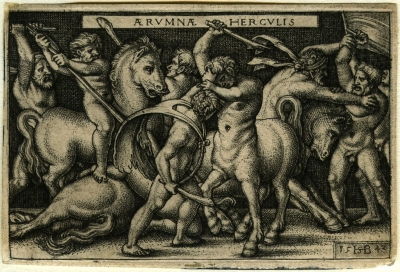 Influenced by Polidoro de Caravaggio's marble friezes, Hans Sebald Beham's Hercules fighting against the Centaurs (1542) is a richly detailed scene within just a 2 x 3 inch size