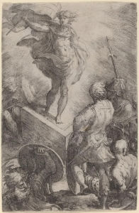 <i> القيامة </ i> (حوالي 1527-30) بواسطة بارميجيانينو.  يُظهر هذا النقش كفاءة بارميجيانينو في التصميم.  على وجه الخصوص ، يكون عرض الضوء أفضل بكثير من أي نقوش أوروبية معاصرة لمشاهد مماثلة