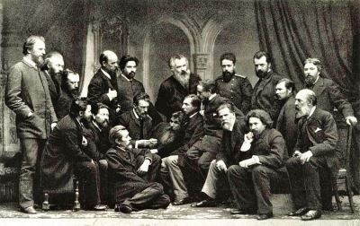 An 1885 group photo of Peredvizhniki: (from left to right): Grigoriy Myasoyedov, Konstantin Savitsky, Vasily Polenov, Sergey Ammosov, Alexander Kiselyov, Yefim Volkov, Nikolai Nevrev, Vasily Surikov, Vladimir Makovsky, Alexander Litovchenko, Ivan Shishkin, Kirill Lemokh, Ivan Kramskoi, Nikolai Yaroshenko, Ilya Repin, Pavel Brullov, Ivanov (manager of Peredvizhniki cooperative), Nikolay Makovsky, Alexander Beggrov