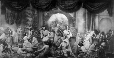 Oscar Gustave Rejlander, <i>Two Ways of Life</i> (1857). The “combination print” depicts the contrast between the virtuous and debauched lifestyles of a rich man's two sons and is thought to be the first example of photo montage in the Victorian era.