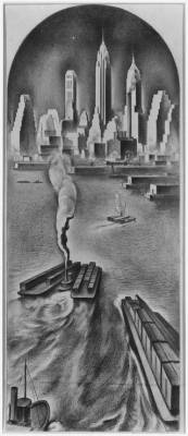 Louis Lozowick: <i>Lower Manhattan</i> (1936). In his El Lissitzky inspired lithographs, Lozowick depicted New York's skyscrapers and bridges in their geometric forms.