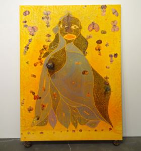 Chris Ofili's <i>The Holy Virgin Mary</i> (1996) combines an image of the Virgin Mary as a black Madonna with cut-outs from pornographic magazines and elephant dung