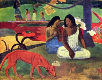 Paul Gauguin, <i>Arearea (Jokes)</i> (1892). Gauguin appropriated the forms of Tahitian art and incorporated them into his paintings.