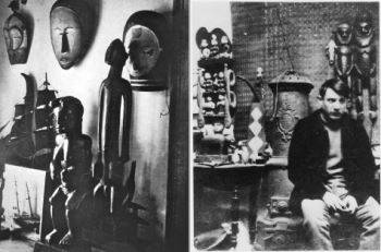 Left: Maurice Derain's studio in Paris adorned with African masks and sculptures, c. 1912; Right: Pablo Picasso in his studio in Paris, 1908