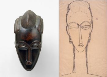 Left: Portrait Mask (Gba gba), from the Baule peoples of Côte d'Ivoire, before 1913; Right: Amedeo Modigliani, sketch for a sculpture