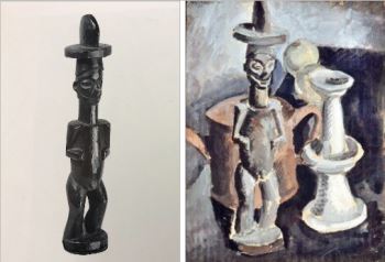 Left: Yaka Zeire African Sculpture, that belonged to Max Wber's primitive art collection; Right: Max Weber's study of the sculpture, entitled <i>Congo Silhouette</i> or <i>African Sculpture</i> (1910)