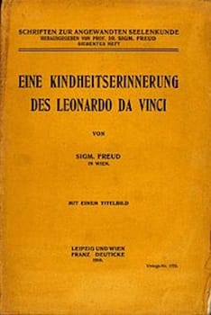 <i>Leonardo da Vinci and a Memory of his Childhood</i>, 1910 German edition. In his 1910 essay, Sigmund Freud used psychoanalysis to argue that Leonardo da Vinci’s artistic genius and scientific curiosity stemmed from childhood experiences and sublimated sexual desires rooted in an unresolved Oedipal complex.