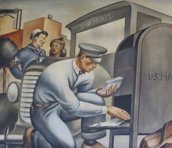 <i>Mural of Mail Carriers</i> (1935) at the San Pedro Post Office, San Pedro, California. In this WPA-sponsored mural, Fletcher Martin paid respect to the postal employees of the United States, by portraying them overcoming various obstacles in order to deliver mail to citizens in all regions of the country.