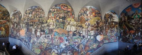 From 1929-1935, Diego Rivera was commissioned by the Mexican government to paint the mural <i>The History of Mexico (Epic of the Mexican People)</i> at the Palacio Nacional in Mexico City. The mural depicts Mexico's struggles from ancient times to the present (against the Spanish, the French, and the dictators held power at various points in time). The work was also intended to portray indigenous peoples more positively, to criticize the Spanish, and to celebrate the Mexican Revolution.