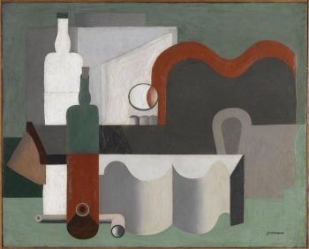 Le Corbusier's <i>Nature morte</i> (1921) includes <i>objet types</i> of wine bottles, industrial piping, a building block, and a chair back, used in a number of his paintings, as well as Ozenfant's.