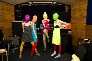 Anonymous members of Pussy Riot wearing their trademark balaclavas in 2012.