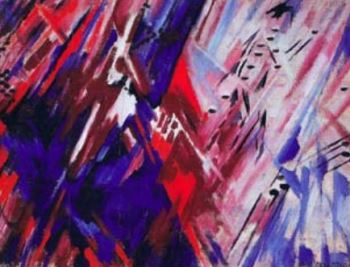 Larionov's <i>Sea, Beach, and Woman: Pneumo-Rayism</i> (1913) deconstructs the titular objects beyond recognition; they are secondary to the effects of the brilliant rays of red and blue that race across the canvas to create a sense of motion