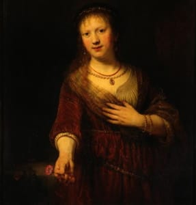 Rembrandt’s wife Saskia modeled for a number of his works, including Saskia as a Flora (1641).