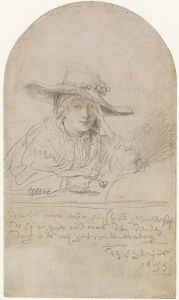 <i> ساسكيا في قبعة من القش </ i> (1633). وفقًا لرامبرانت ، "تم رسم هذا بعد زوجتي ، عندما كانت تبلغ من العمر 21 عامًا ، في اليوم الثالث بعد خطوبتنا - 8 <sup> th </sup> يونيو 1633."