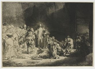 <i> الكرازة بالمسيح </ i> <i> (طباعة مائة جيلدر) </ i> ، الحفر ، النقطة الجافة ، والدفن (1647-1649)