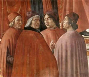 This detail from Domenico Ghirlandaio's fresco Angel Appearing to Zacharias (1486-1490) depicts the Renaissance Humanists, Marsilio Ficino, Cristoforo Landino, Angelo Poliziano, and Demetrio Chalkondyles (from left to right)