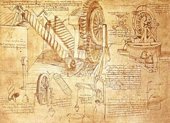 This facsimile from Leonardo da Vinci's Codex Atlanticus (1478-1519) shows his design, including water wheels and Archimedean screws, for an irrigation system.