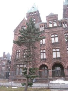 The rounded arches, columns, and towers found on Richardson's state mental hospital, known as the <i>Richardson Complex</i> (1870), embodies some of the features of the Romanesque Revival style he had evolved.