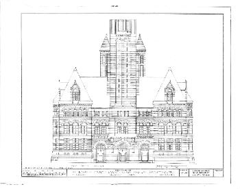 Architectural drawing for Richardson's <i>Alleghany County Courthouse</i> (<i>Pittsburgh Courthouse</i>) building which he built between 1884 and 1888.