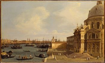 Canaletto's <i>Venice: Santa Maria della Salute</i> (c. 1740) exemplified his style, combining the effects of light with a precisely observed view of the city's architecture and features.