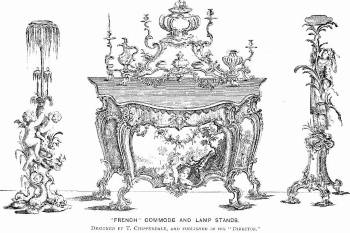 كان <i> تصميم توماس شيبينديل للكومود وحوامل المصابيح </ i> (1753-54) رائدًا في الاستخدام البريطاني للروكوكو في التصميم الإنشائي.
