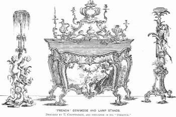 Thomas Chippendale's <i>Design for Commode and lamp stands</i> (1753-54) pioneered the British use of Rococo in structural design.