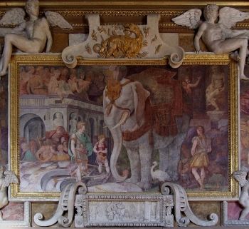Rosso Florentino's <i>The Royal Elephant</i> (c. 153-159) is one of his many paintings in the Château de Fontainebleau gallery that employ stucco relief to create an ornate overall effect.