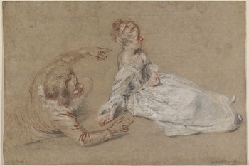 Antoine Watteau's <i>A Man Reclining and a Woman Seated on the Ground</i> (c. 1716) exemplified his three-chalk technique and what art curator Timothy Potts described as 'freshness and assured spontaneity.'