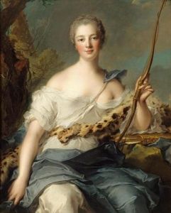 Jean-Marc Nattier's <i>Jeanne-Antoinette Poisson, Marquise de Pompadour</i> (1746) shows his subject as the goddess Diana the Huntress, an allusion to Pompadour catching the King's eye while he held a hunt in the forest of Sénart.