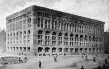 Marshall Field Wholesale Store (1885-1887) designed by Henry Hobson Richardson, with its heavy stone façade and rows of arched windows, is indicative of the Romanesque Revival style in the U.S.