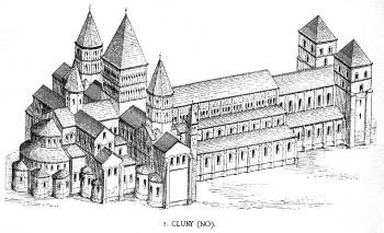 Georg Dehio and Gustav von Bezold's reconstruction (1887-1901) depicts Cluny Church III (1130).