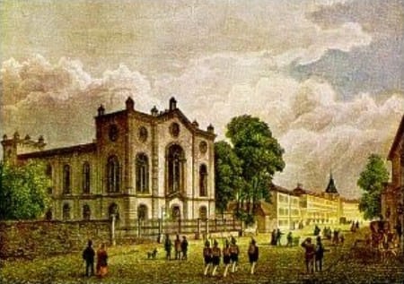 G.M. Kurz’s colored steel engraving of a drawing by Ludwig Rohbock (1850) showing the Kassel Synagogue.