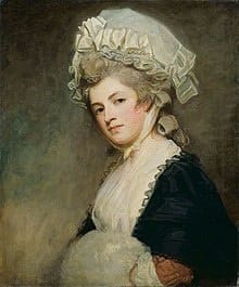 <i>Mrs. Mary Robinson</i> (1782). The Wallace collection writes: “Romney exhibited the painting at the Royal Academy exhibition in 1782 and had it engraved by J. R. Smith; it was sufficiently well known for it to be used in a caricature of the sitter in 1783”.