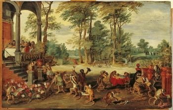 Jan Brueghel the Younger, <i>A Satire of Tulip Mania</i> (c. 1640). Jan Brueghel uses monkeys to satirize the “Tulip Mania” that swept the Netherlands in the first half of the seventeenth century.