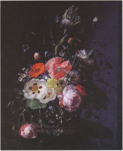 <i>Still Life with Flowers on a Marble Table Top</i> (1716). Morgan writes that with this painting Ruysch “replicated the supple textures of the petals and crafted a subtle play of pinks against the dark backdrop and cobalt vase, as she had done in Düsseldorf”.