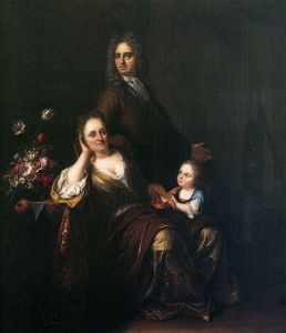 In this 1716 portrait, Ruysch's husband, Juriaen Pool, indicates his admiration of his wife's impressive talent by painting her front and center, and by depicting himself gesturing toward her painting.
