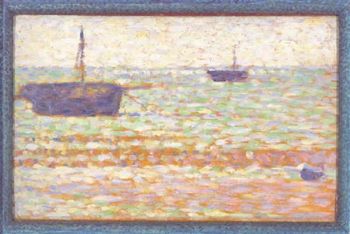 In the mid-1880s, Seurat’s divisionist/pointillist technique began to employ broader and more spaced-outs strokes and spots of color, lending the works a greater sense of lightness, as in L'échouage à Grandcamp (1885).