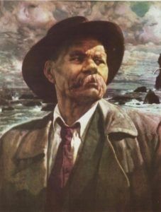 Isaak Brodsky's <i>Portrait of AM Gorky</i> (1936) shows the author as a personification of the fearless Soviet intellectual. The painting typifies the representation of Russian thinkers and writers in Socialist Realism at this time.