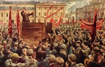 <i> خطاب لينين أمام الجيش الأحمر ، أرسل إلى الجبهة البولندية في 5 مايو 1920 </i> من قبل إسحاق برودسكي (1933) ، يوضح مشهدًا من الحرب الأهلية التي أعقبت الثورة الروسية.  إنه يجسد الشعور بالتفاؤل بشأن القضية البلشفية الذي كان من المتوقع أن ينقله الفنانون.