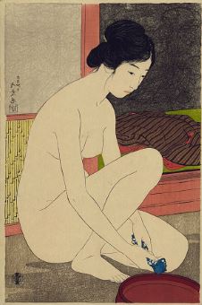 Goyō Hashiguchi's <i>Woman at Her Bath</i> (1915) exemplified <i>shin-hanga's</i> continuation of <i>ukiyo-e's</i> collaborative process and traditional subject matter. Here, <i>bijin-ga</i>, portraits of beautiful women, is combined with a Western influenced nude.